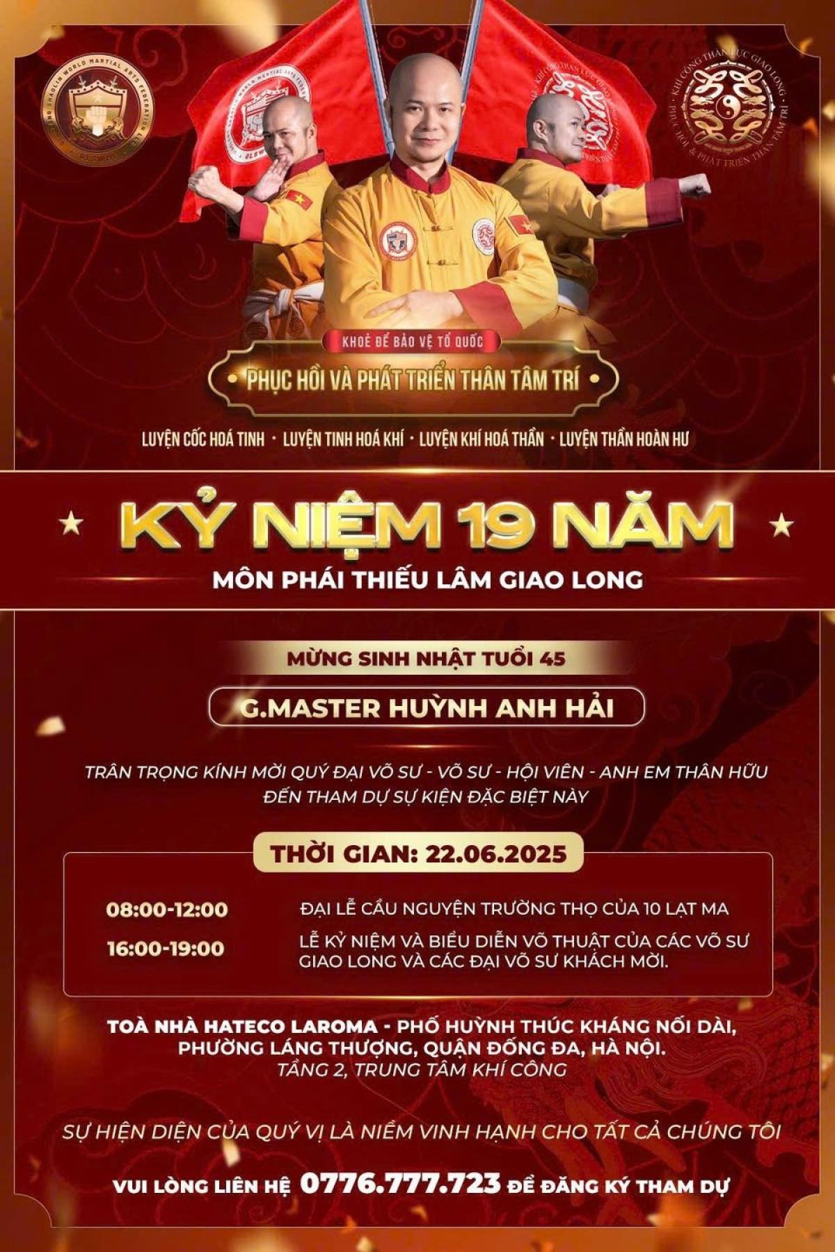 Thư mời tham dự sự kiện kỷ niệm 19 năm thành lập Thiếu Lâm Giao Long và sinh nhật Đại Võ Sư Huỳnh Anh Hải